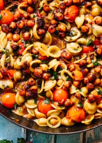 One Pot Orecchiette Puttanesca with Spiced Crispy Chickpeas